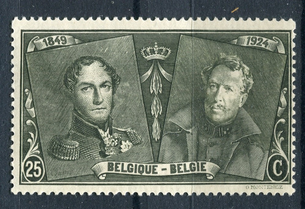 BELGIUM; 1925 early Stamp anniversary issue fine Mint hinged 25c. value