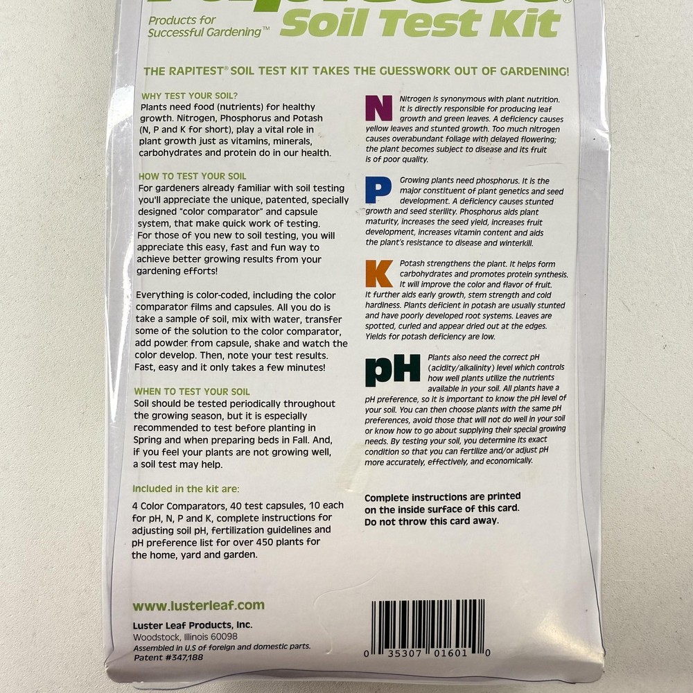 Luster Leaf Rapitest Soil Test Kit 40 Tests pH Nitrogen Phosphorus Potash Garden