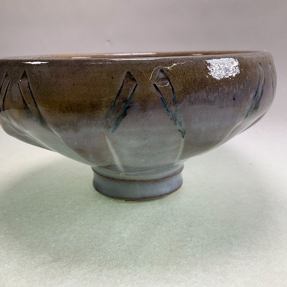 Studio Pottery Footed Geometric Design Planter Blue over Earth Tones
