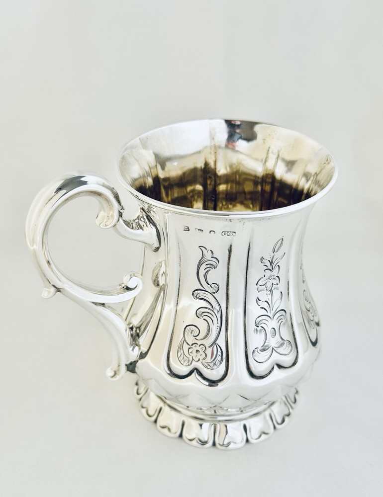 Antique Victorian Solid Sterling Silver Mug Scroll Handle Sheffield 1850