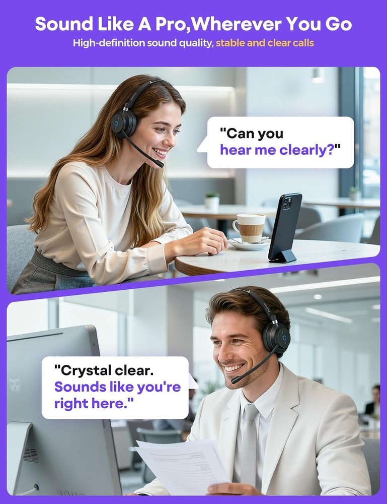 Wireless Headset with Mic for Work, Clear Sound ＆ Comfortable ＆ Stable Connectio