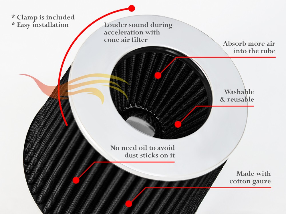 BLACK 2.75" 70mm Inlet Cold Air Intake Cone Replacement Quality Dry Air Filter
