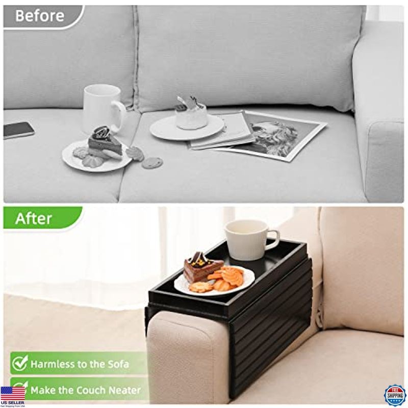 GEHE Foldable Bamboo Sofa Arm Tray - Versatile Couch Side Table for Snacks &