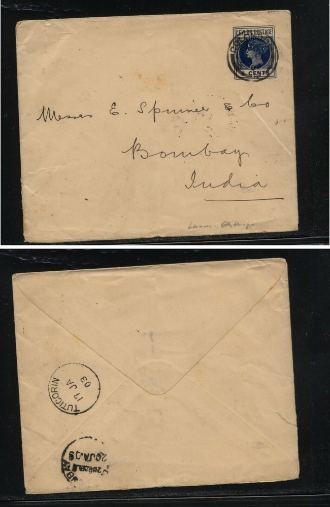 Ceylon  large postal  envelope  to  India   1903      MS0127