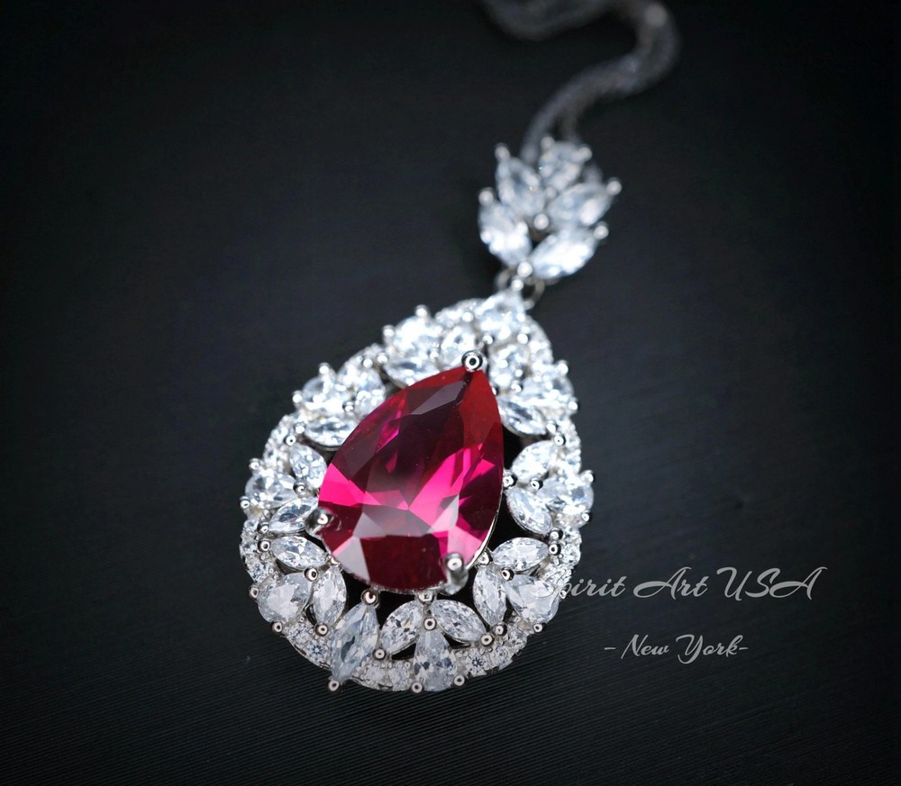 Large Teardrop Ruby Necklace - 3 CT Red Ruby Pendant - Gemstone Petal Flower -