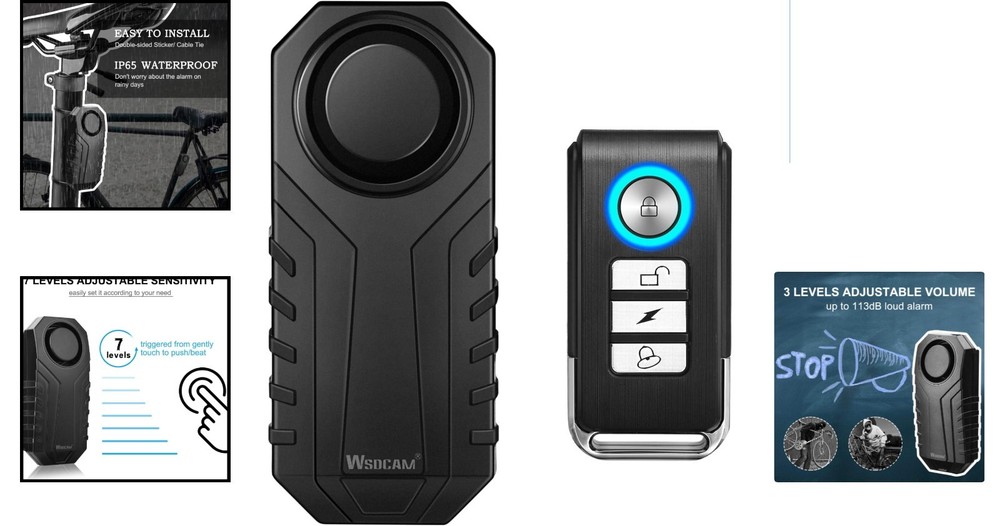 Wireless Vibration Sensor Alarm with Remote for Bikes & Scooters - 66ft Range