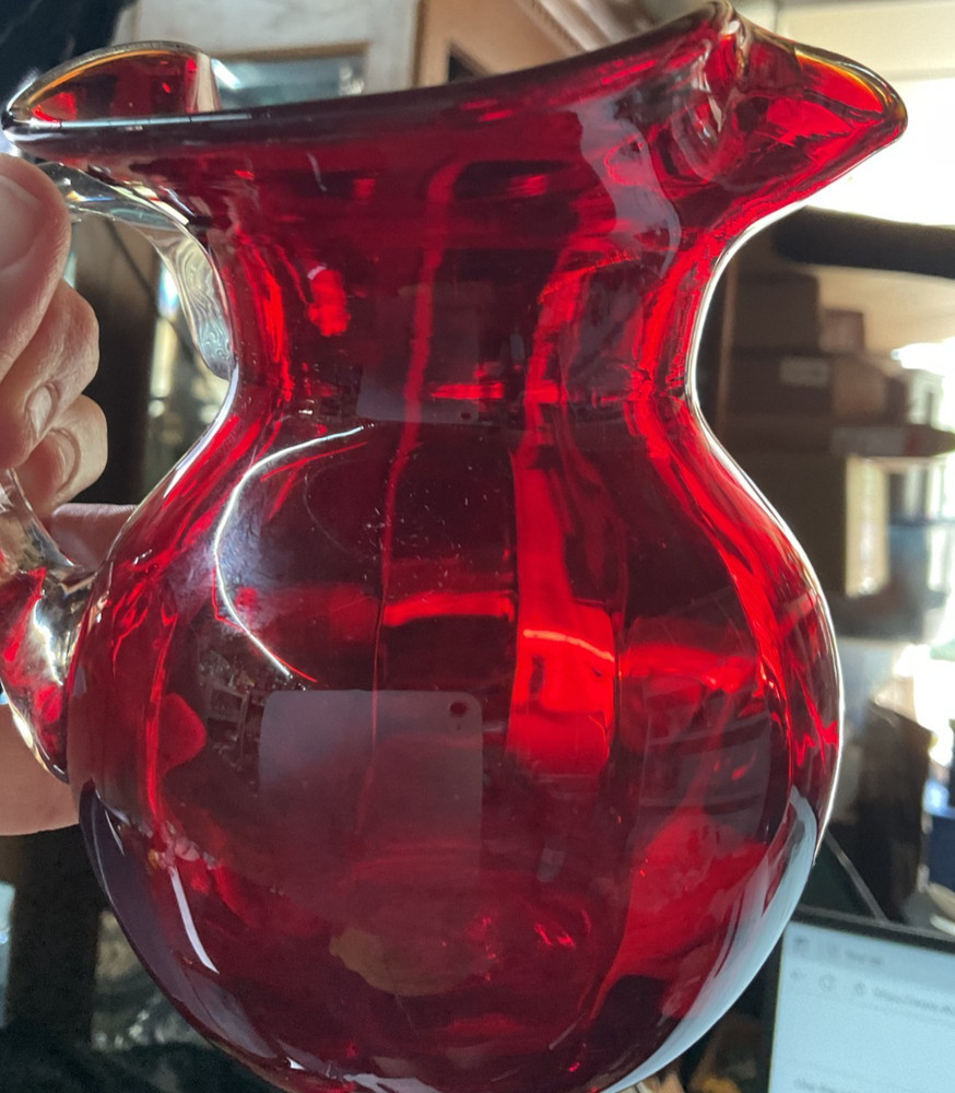 MCM Handblown Ruby Red Ruffled Clear Glass Handle Pitcher 5"