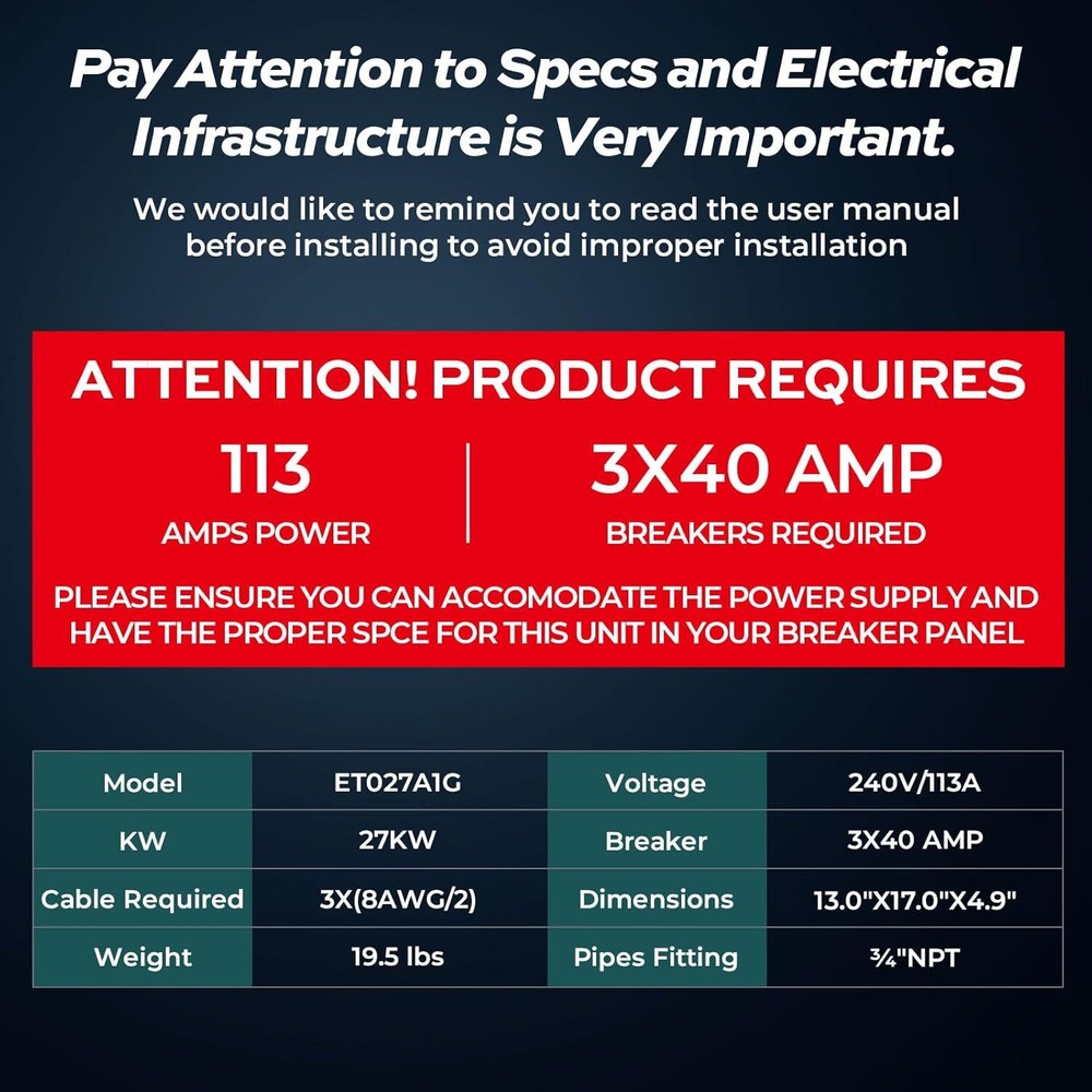 27,000W Tankless Water Heater Electric 240V 6.7 GPM Instant Hot for Whole House