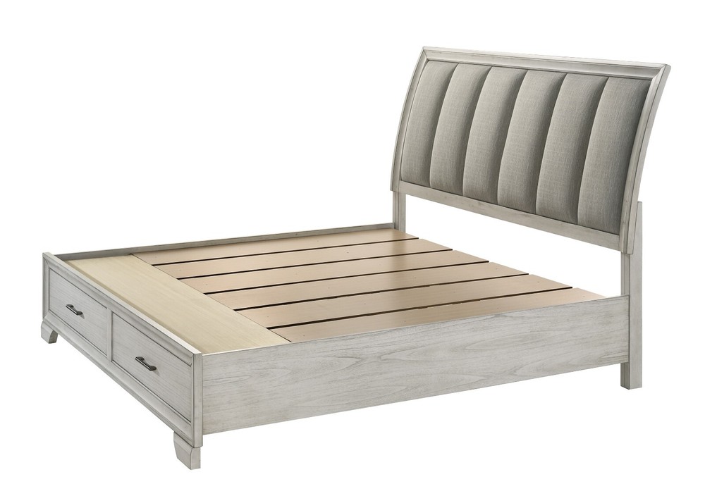 4Pc Queen Size Platform Storage Platform Bed Set White Cream Finish Solid Wood