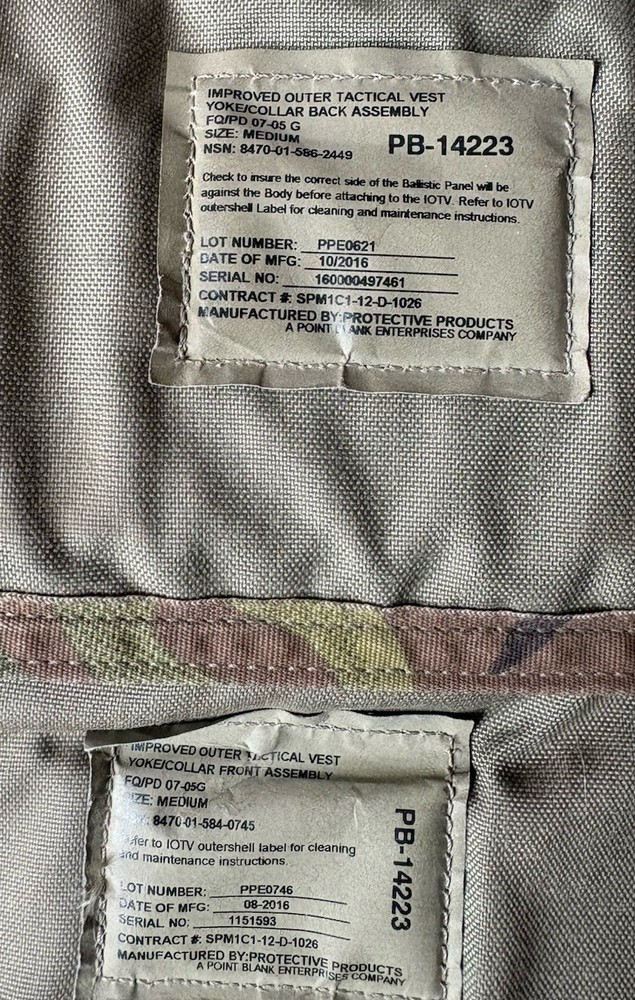 Military Yoke/Collar Front/ Back Assembly Improved Outer Tactical Vest MEDIUM