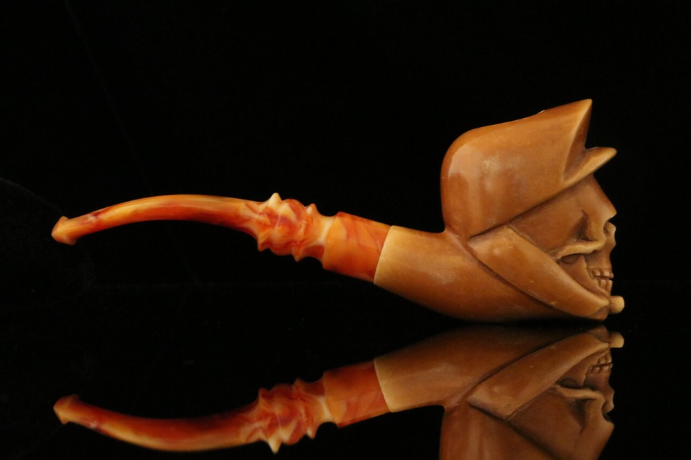 srv - Skull smoking a Pipe Block Meerschaum Pipe with custom case M2181