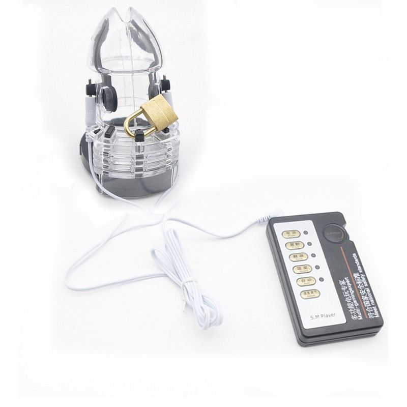 Male Bondage E-stim Shock Chastity Device Cage with Adjustable Cuff Rings BDSM