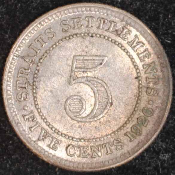 1926 Straits Settlements 5 Cents AU+