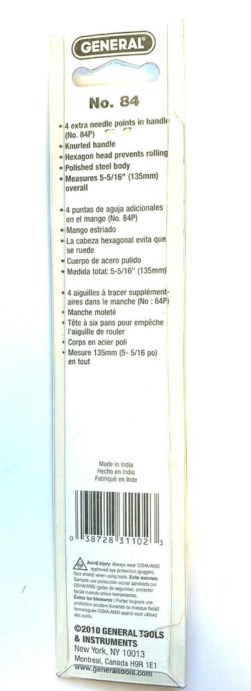 GENERAL TOOLS #84 NEEDLEPOINT SCRIBER W/ 4 EXTRA NEEDLE POINTS IN HANDLE