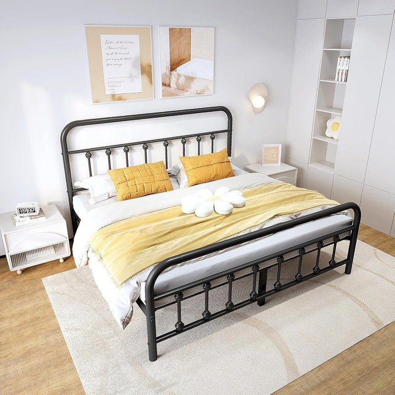 Metal Bed Frame Full Size w/ Headboard Structurally Stable Steel Slat Supported