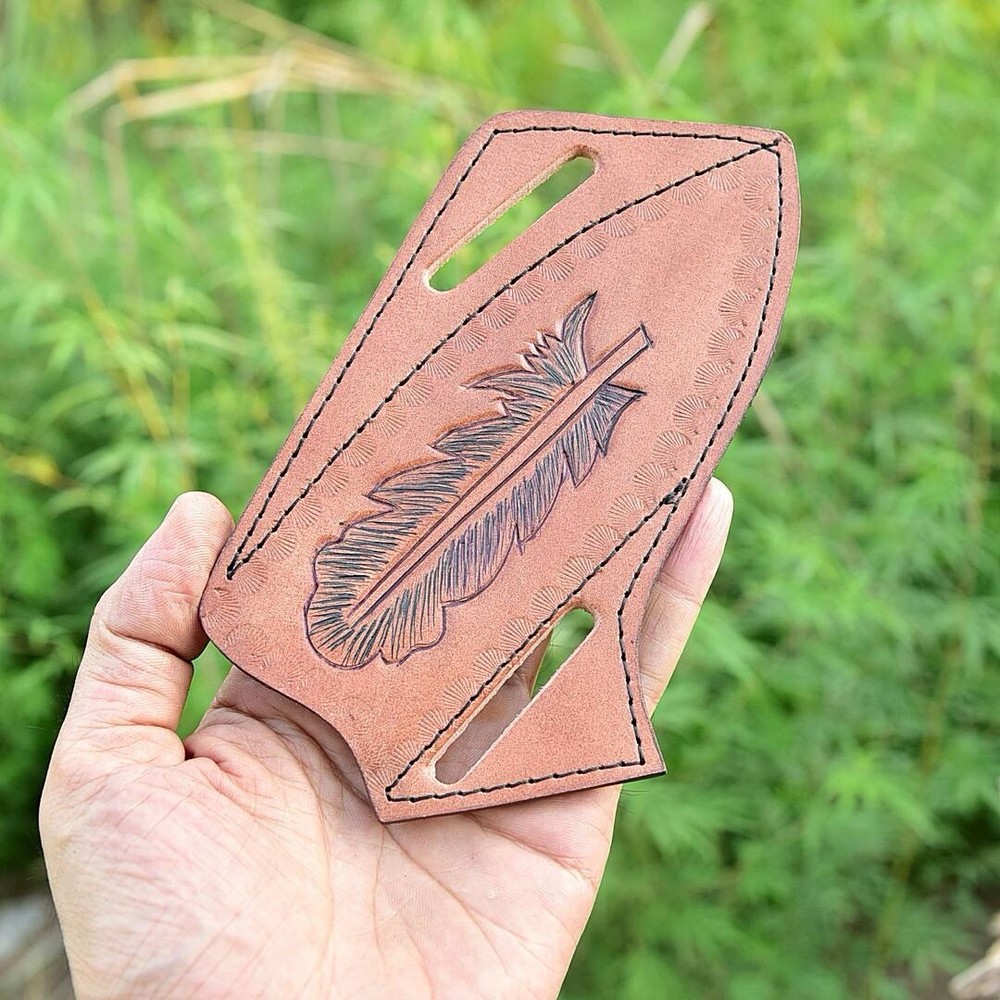 Leather Hand Leaf Engraved PANCAKE Fixed Blade Knife Belt Sheath Folding Case