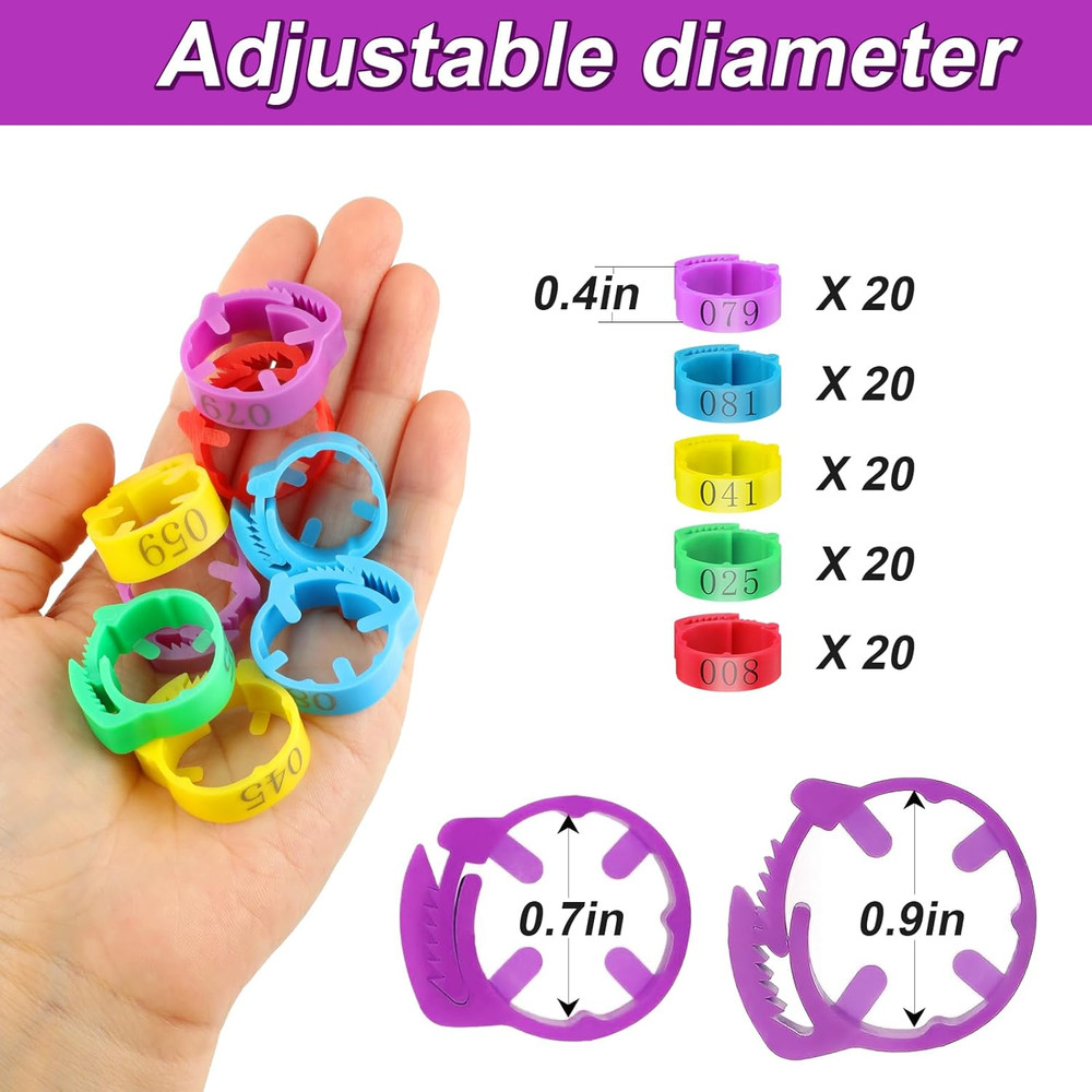 100 Pcs Adjustable Chicken Leg Rings, Multicolor Numbered Chicken Identification