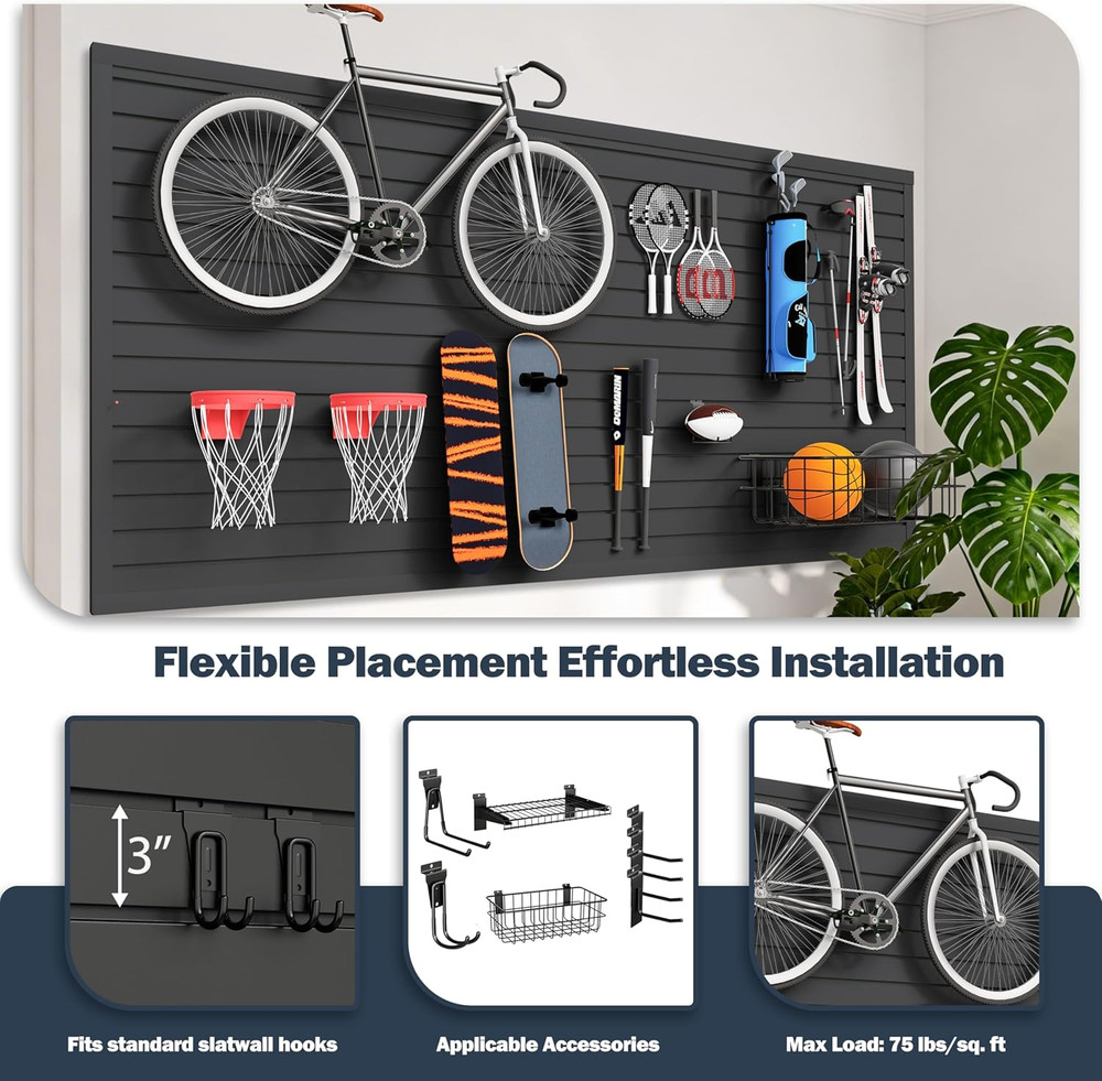 Black PVC Slat Wall Panel 4x8ft - Garage Tool Organizer & Storage System