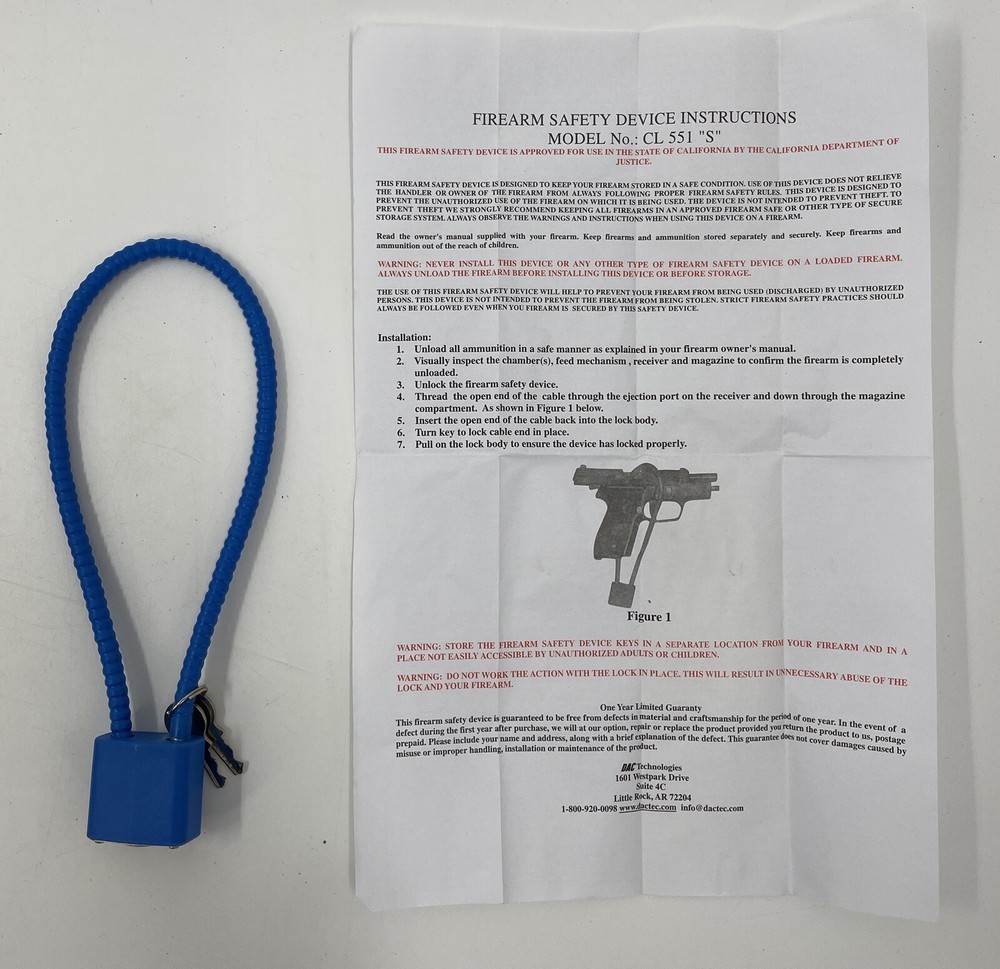 DAC Technologies Firearms Gun Lock CL551S - Blue 2 Keys Safety