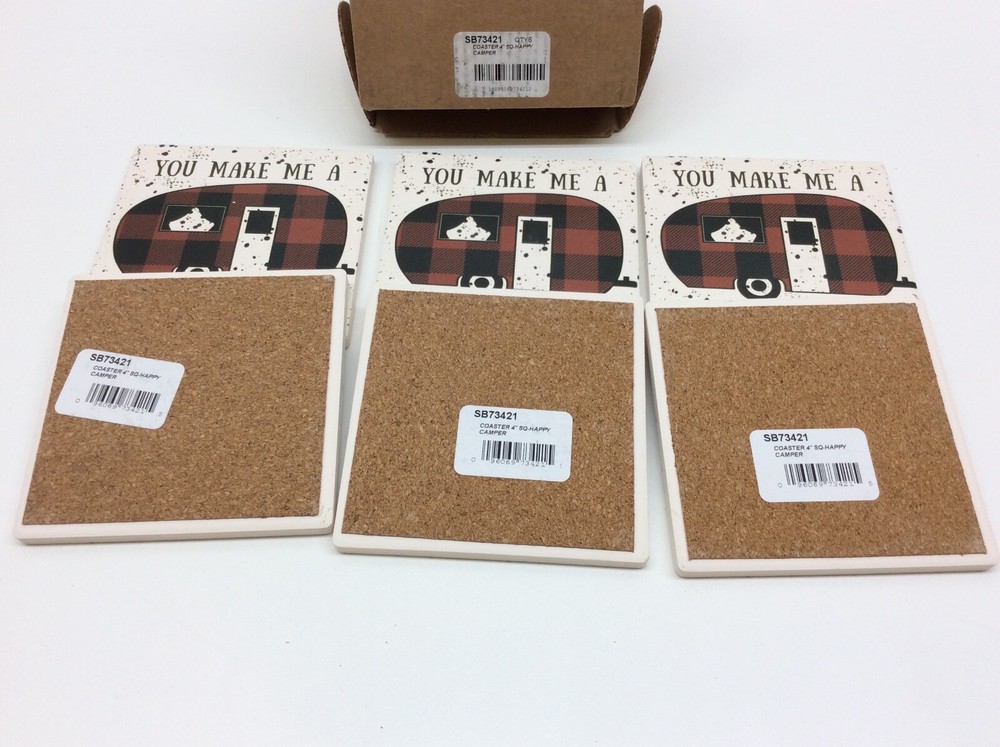 Ceramic Tile Coaster 4" Happy Camper Cork Backing Set of 6