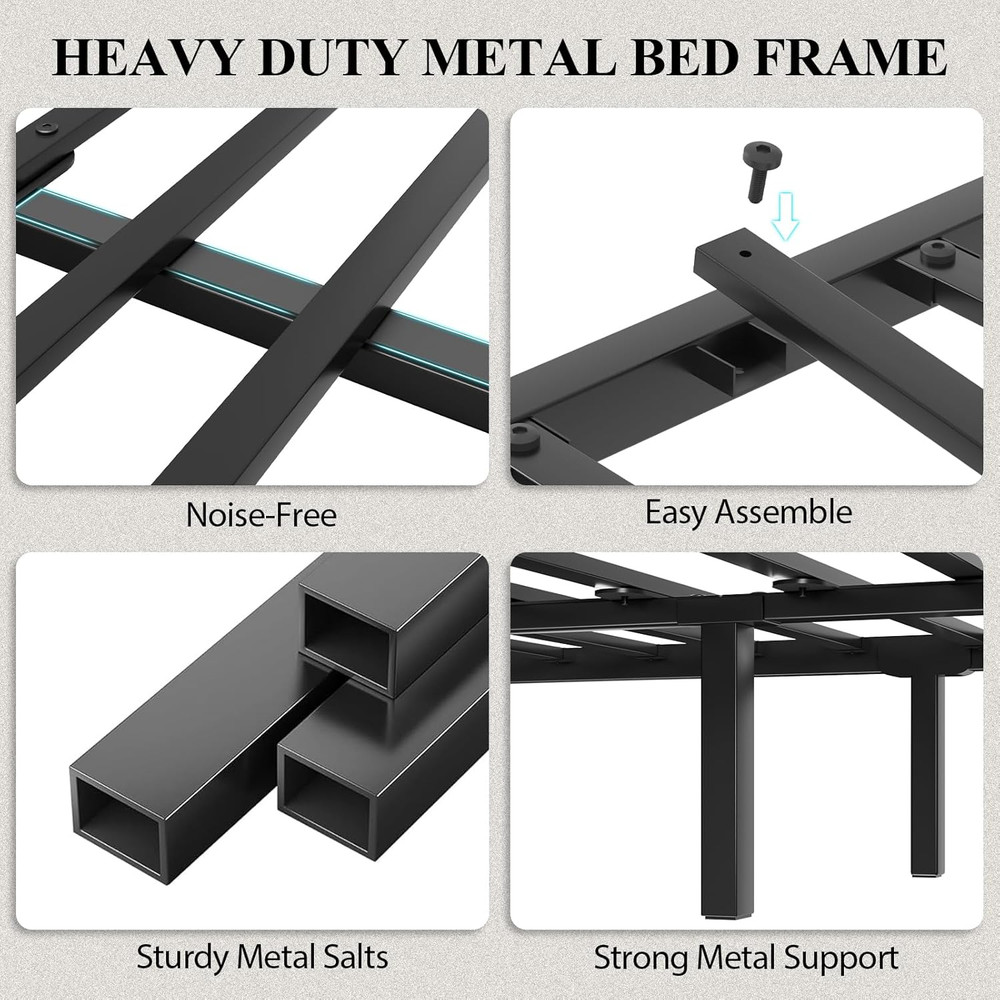 Full Size Bed Frame with Storage Headboard, Industrial Platform Bed with Chargin