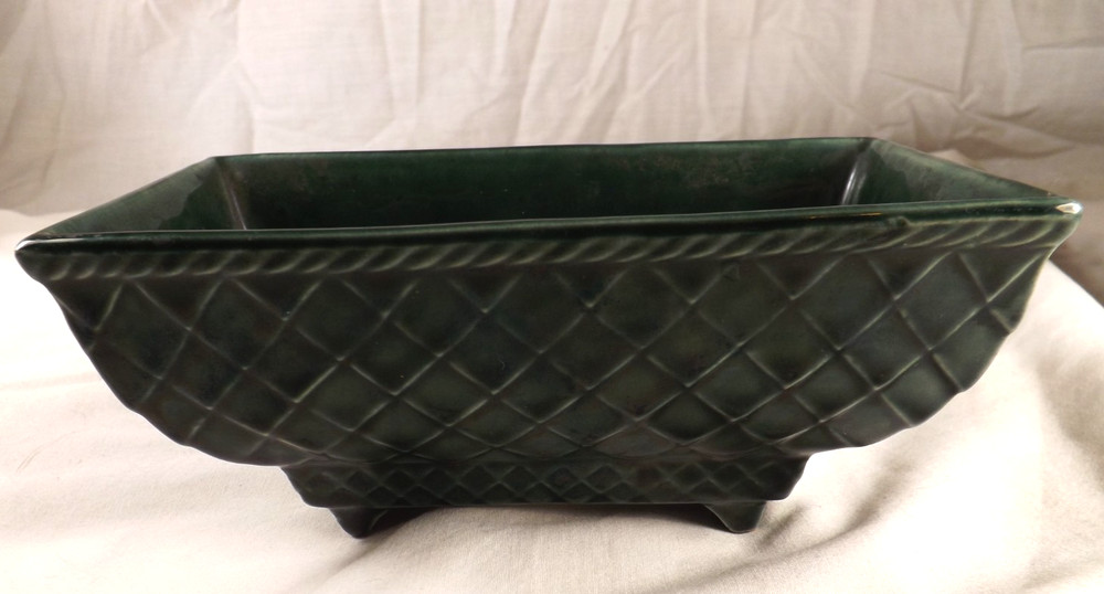 Dark Green Crosshatch Rectangular Footed Planter Bonsai USA Pottery 404