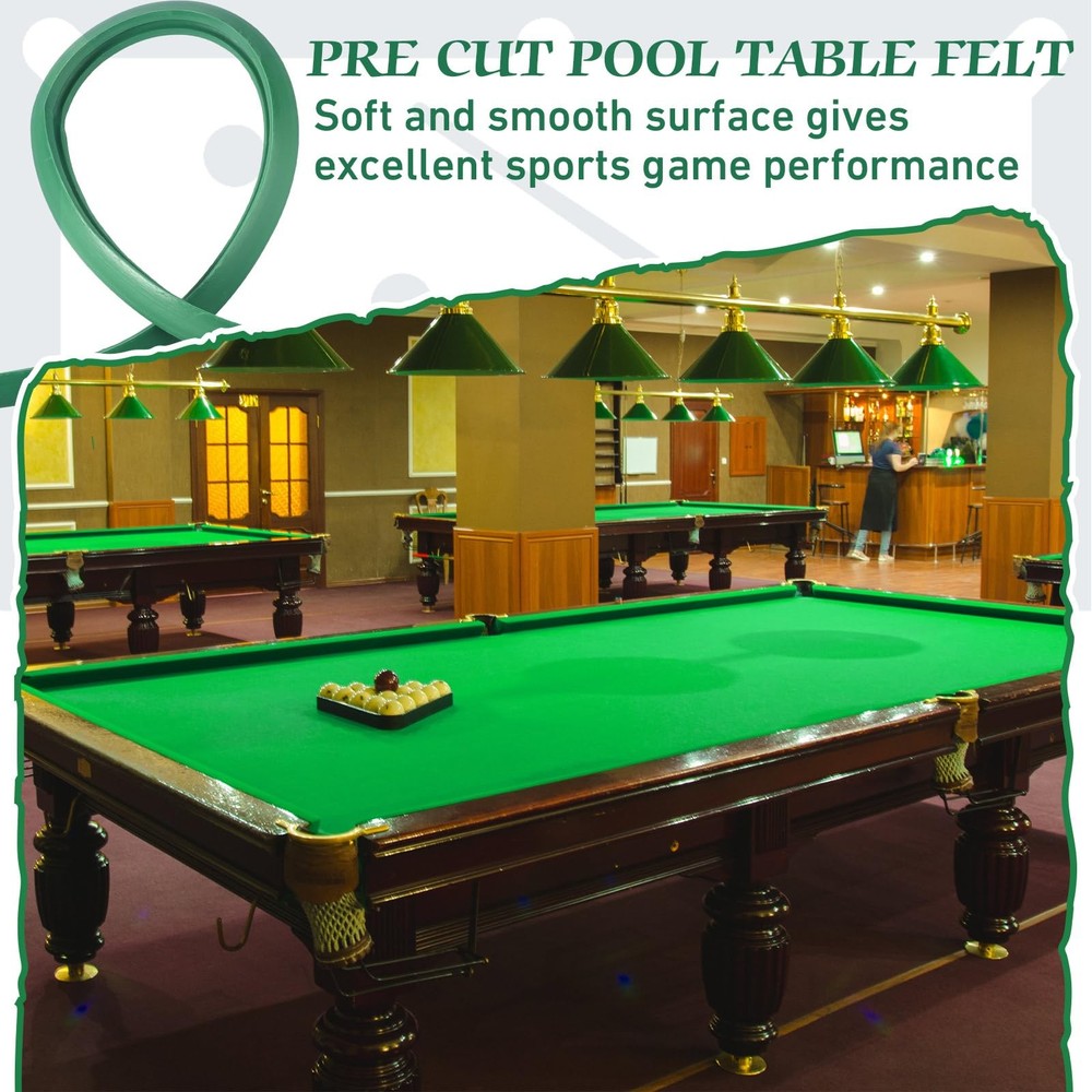 Complete Pool Table Replacement Felt with 6 Strips & Rubber Bumpers - Green