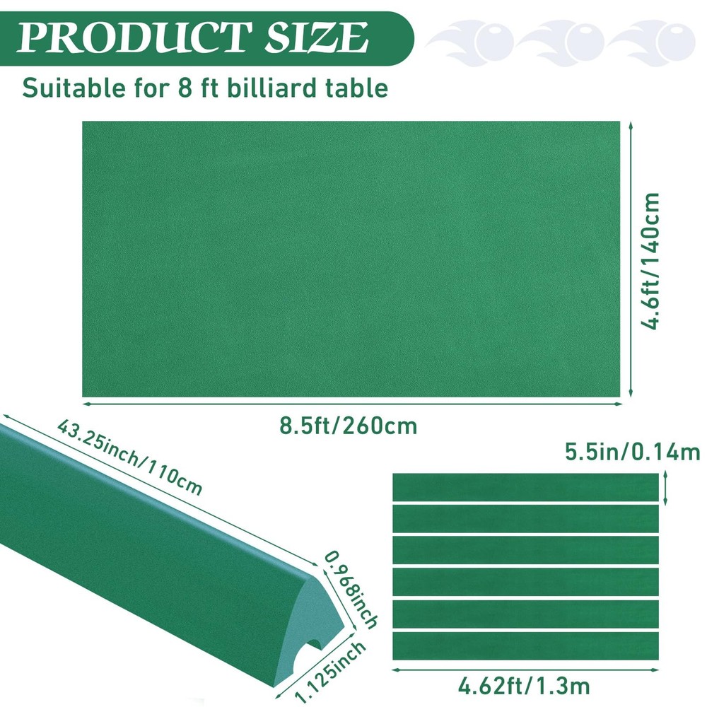 Complete Pool Table Replacement Felt with 6 Strips & Rubber Bumpers - Green