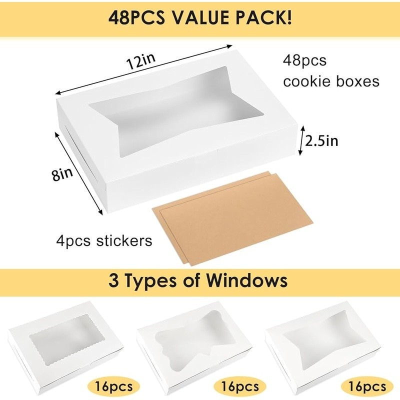 48 White Bakery Boxes W/ Windows Sturdy Cookie Cake Boxes Parties Events New