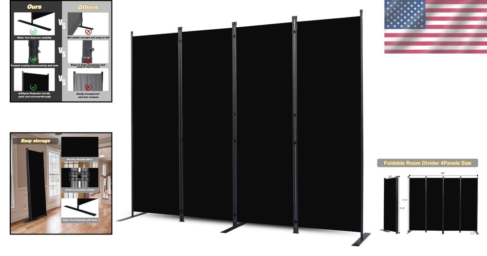 Portable 4 Panel Room Divider 6ft Black Tear-Resistant Privacy Screen