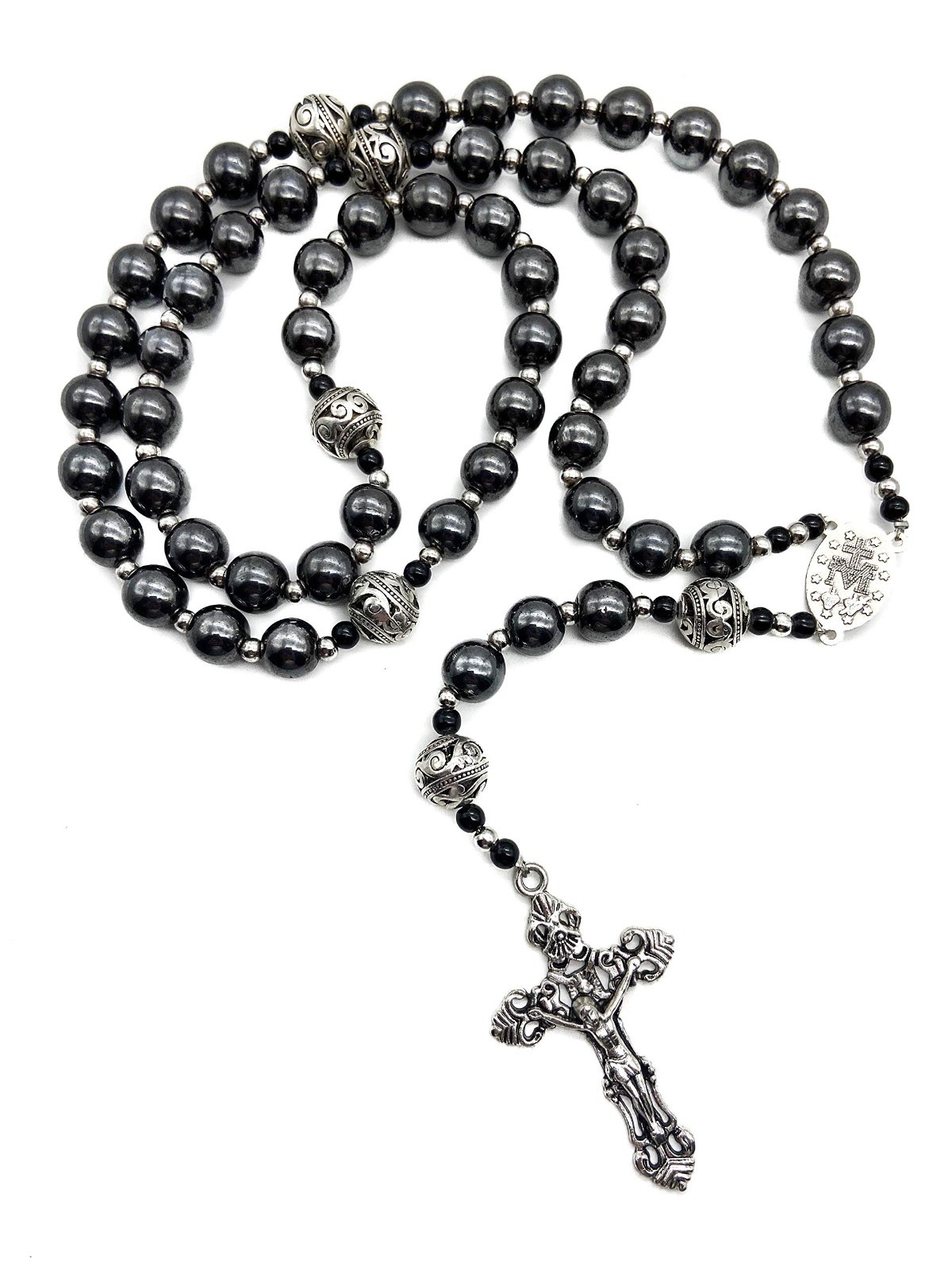 Hematite Rosary Black Stone Beads Metal Beaded Necklace Mary Miraculous Medal