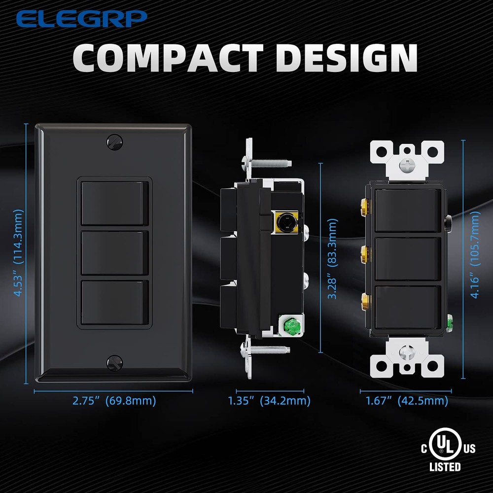 Decorator Triple Rocker Light Switch Electrical Three Single Pole Paddle Switch