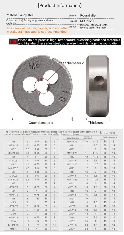1pc Metric Right Hand Die M29 X 1 1.5 2 mm Threading Tools