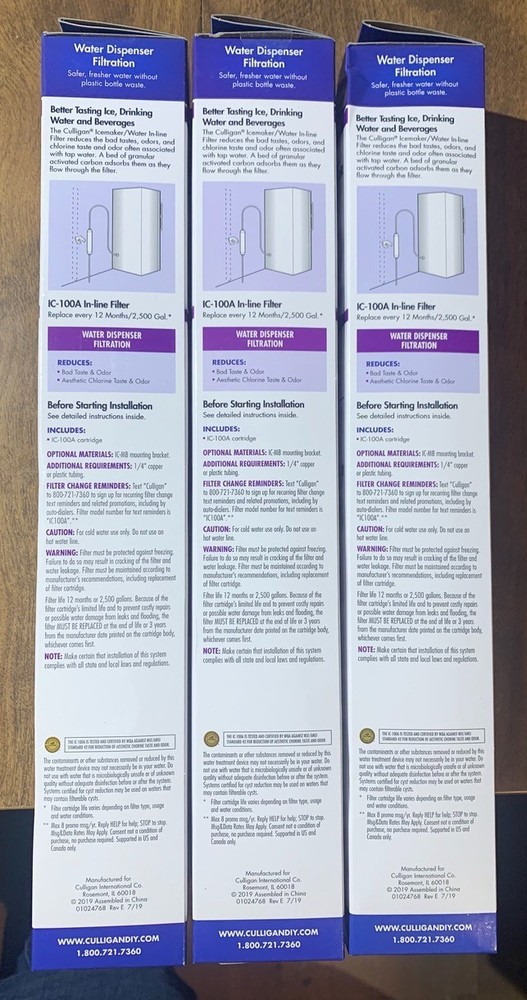 3 Pack CULLIGAN IC-100A Icemaker Refrigerator IN-LINE FILTER Drinking Water