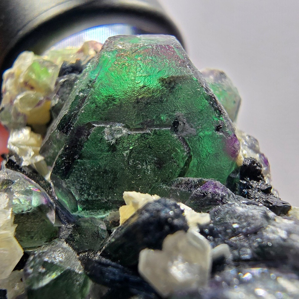 Phantom fluorite cube, hexagonal, Schörl tourmaline, muscovite Erongo, Namibia
