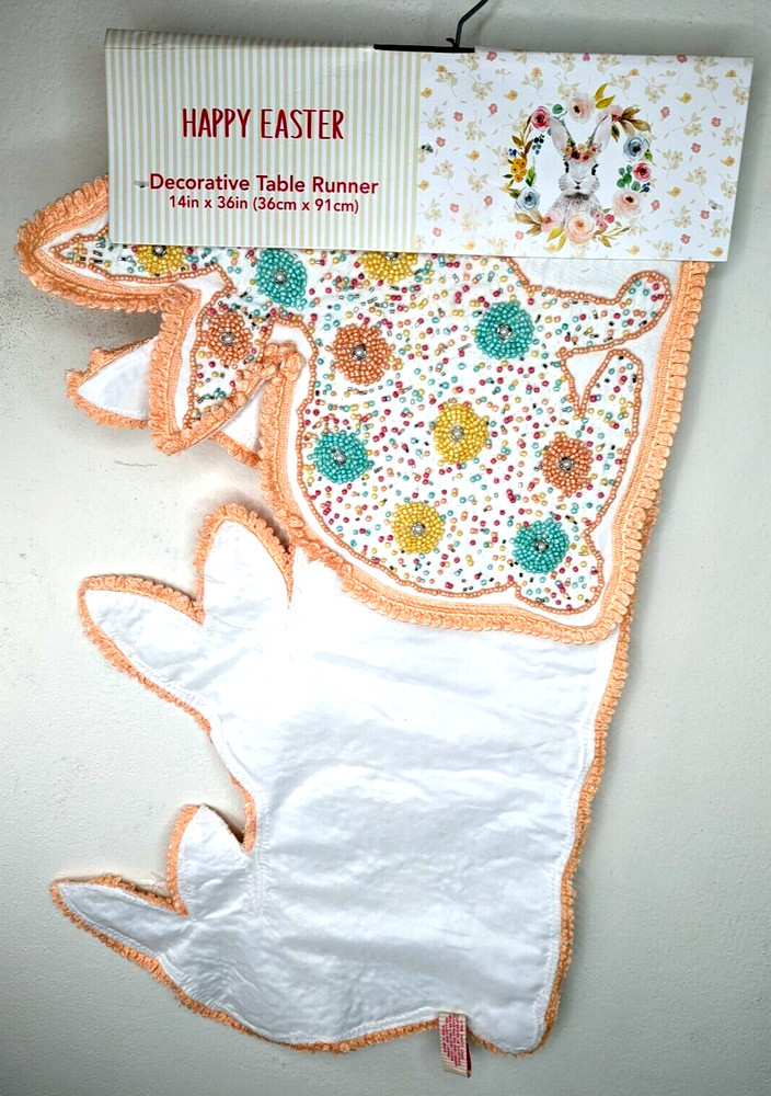 Happy Easter 36L" x 14"W 4 Bunny Rabbit Multicolor Beaded Table Runner NWT