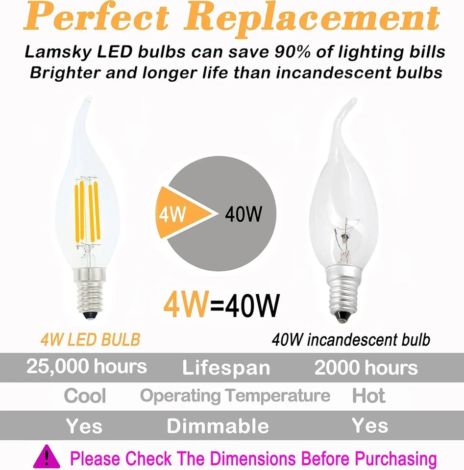 E14 LED Bulb European Base 4W Dimmable 40W Equivalent, Flame Tip Candelabra LED