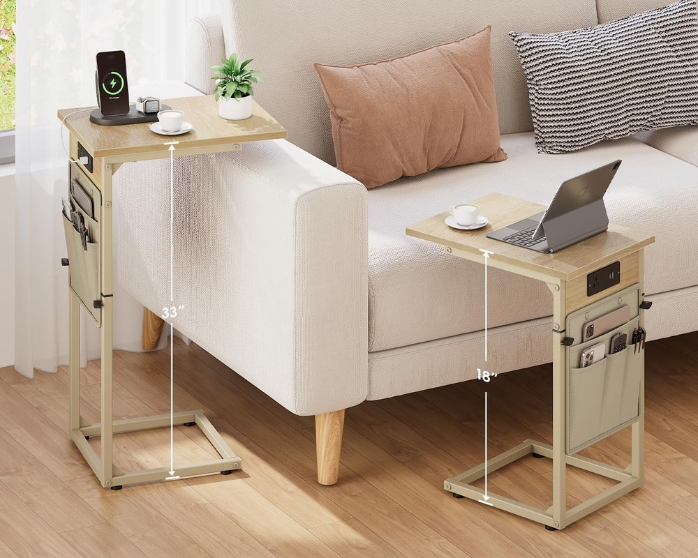 C Shaped End Table W/ Charging Station Adjustable Height C Table End Table Small