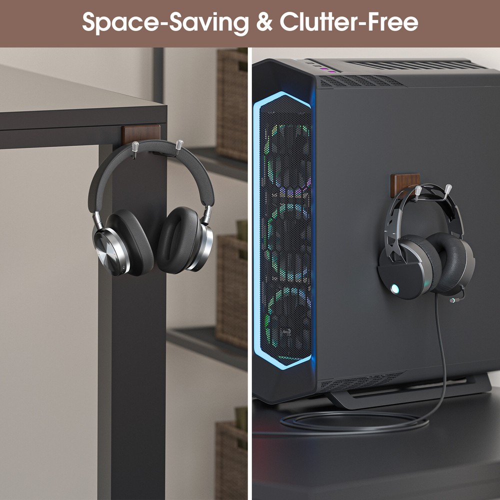 Magnetic Headphone and Controller Holder, Walnut Wood Stand for Gaming Setup