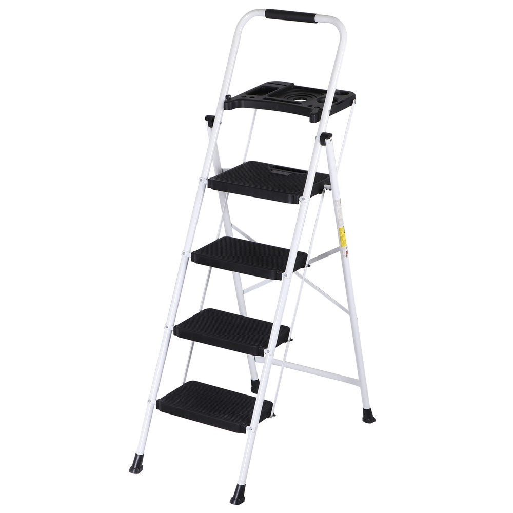 4 Step Ladder with Tool Platform Folding Step Stool with Anti-Slip Pedal White