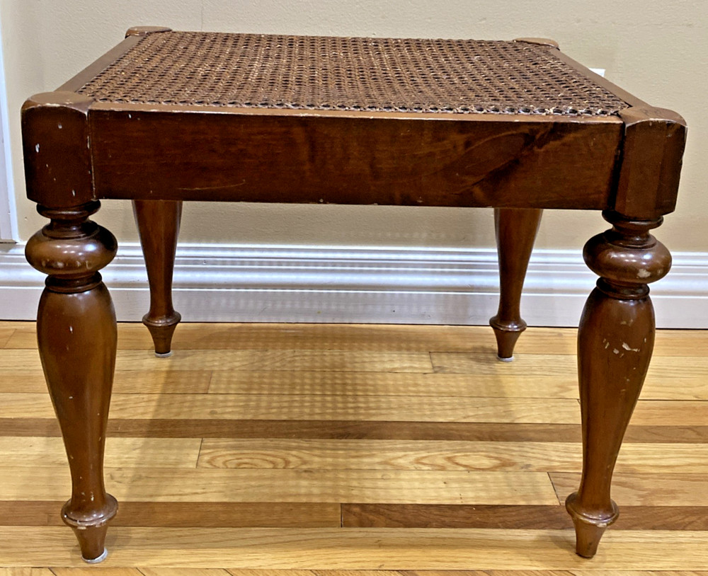 Vtg Walnut Caned Vanity Bench