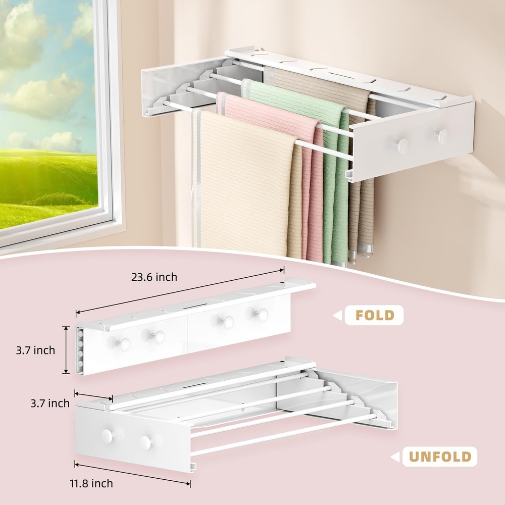 BAKON Wall Mounted Drying Rack with 4 Hooks and Shelf, Foldable Clothes Dryin...