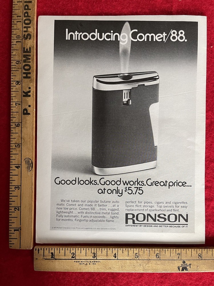 Vintage 1972 Print Ad Ronson Comet 88 Butane Lighter Advertisement