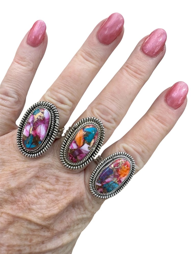 Kingman Pink Dahlia Turquoise Solid 925 Sterling Silver Ring – Size 8