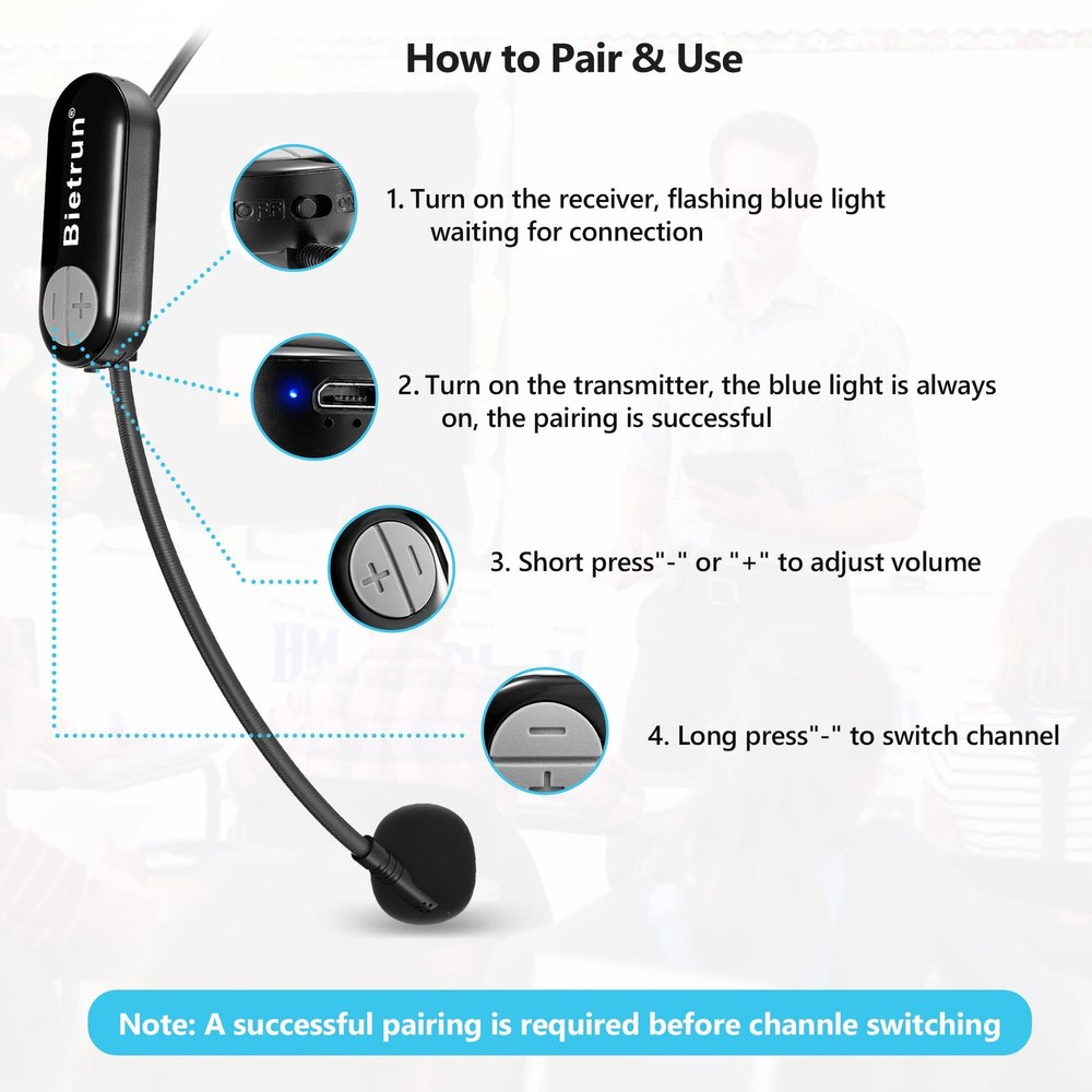 Wireless Microphone Headset with 1/4''Plug, 165ft Range, UHF Wireless Headset...