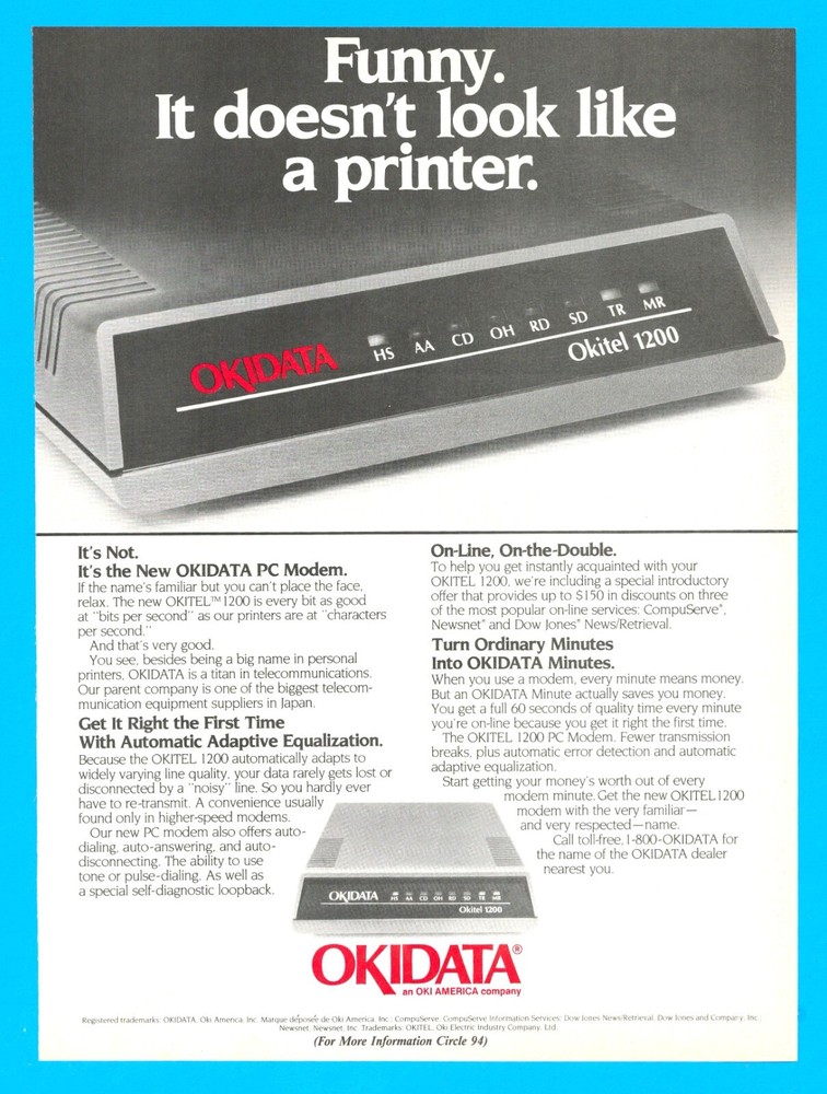 Okidata computer PC Modem printer electronics ephemera vintage print ad 1986