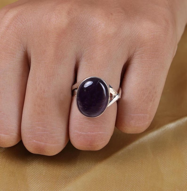 Solid 925 Sterling Silver Natural Amethyst Oval Gemstone Statement Handmade Ring
