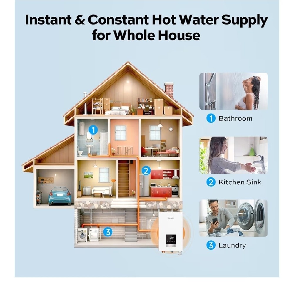 14kW Tankless Water Heater Electric, ORBEK 240 Volt On Demand Instant Hot Wat...