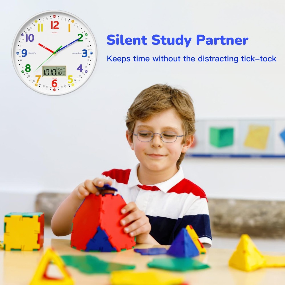 12" Silent Teaching Wall Clock with LCD Date Weekday Temperature Display – Te...