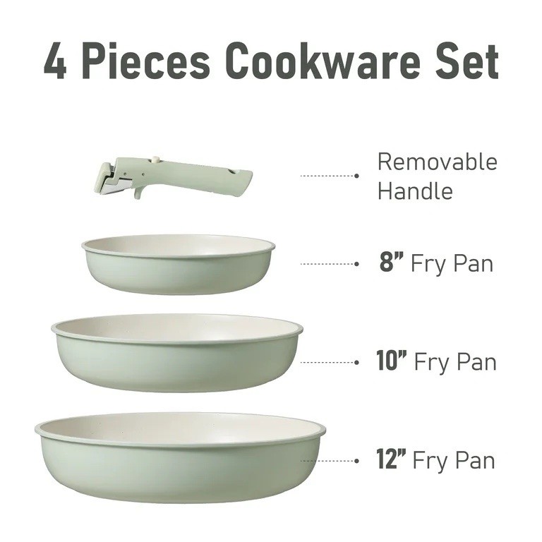4Pc Nonstick Cookware Set Detachable Handle Pots Pans Stackable OvenSafe Kitchen